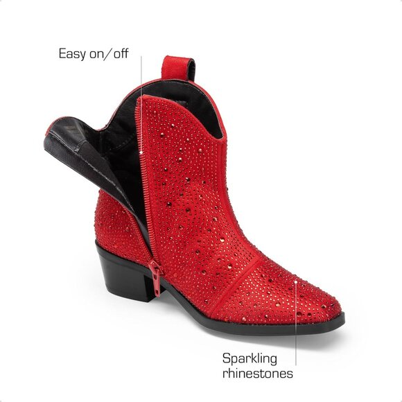 ⚡Girls Red Cowgirl Rhinestone Zipper Boots Ankle Low Heel Dress Booties - Picture 3 of 5
